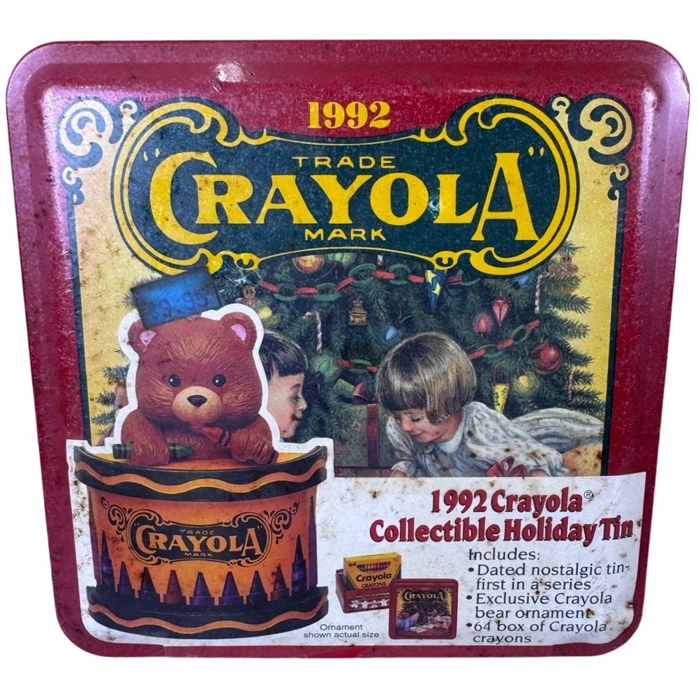 Vintage 1992 Crayola Collectible Holiday Tin Christmas Teddy Bear Red Metal Box